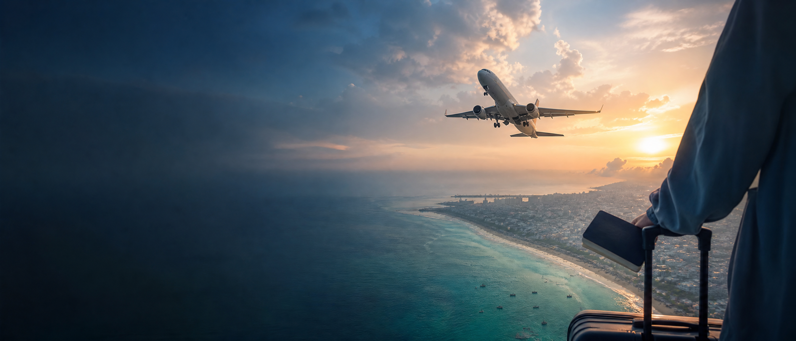 Passenger aircraft above a coastal destination with a traveler preparing for a journey